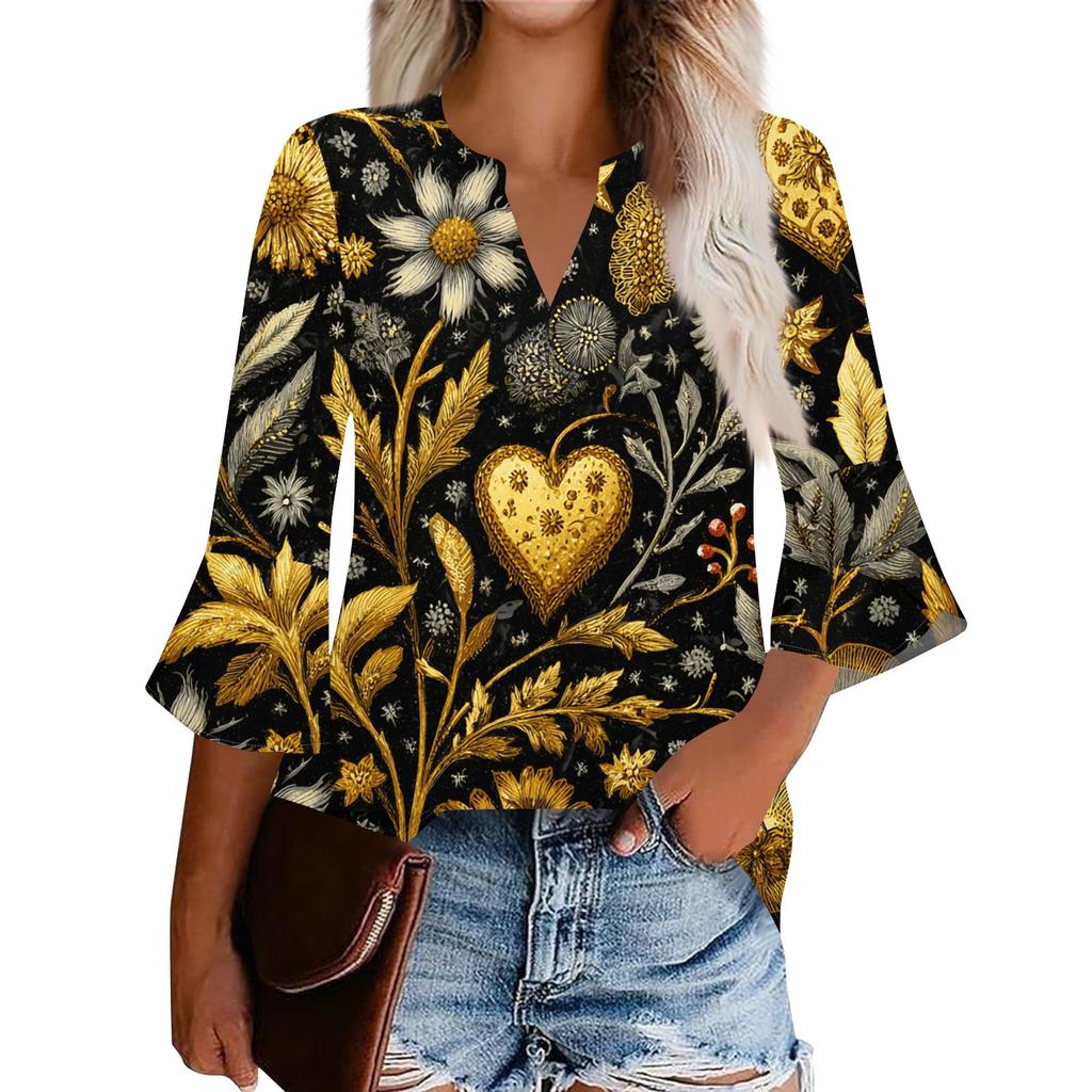 Top da donna casual alla moda con stampa floreale, maniche corte e girocollo