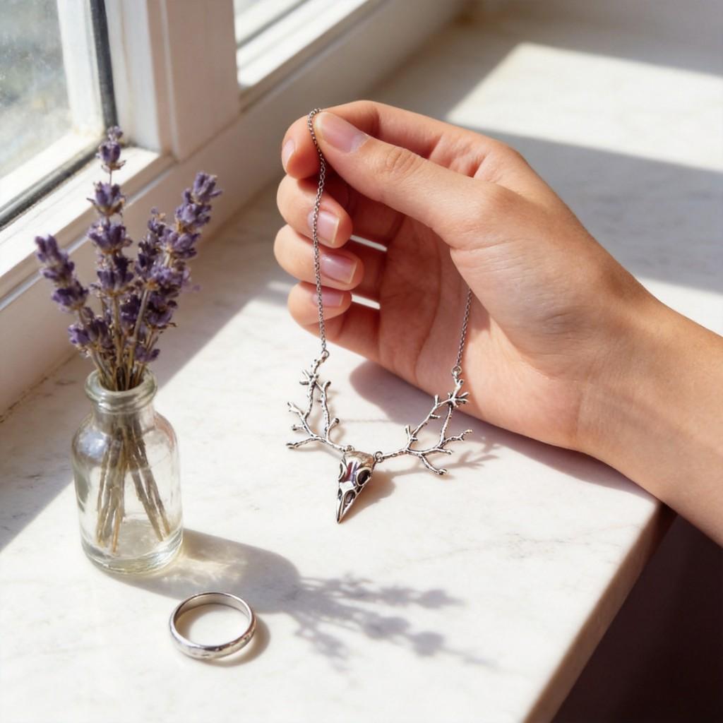 Collana Ciondolo Teschio di Corvo Corna di Cervo Gotico con Catena a Croce per Donne