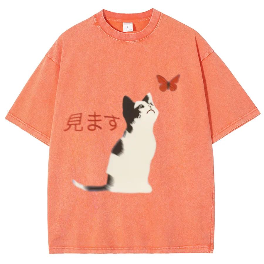 Fit Washed Oversized T-Shirt Casual Women Cotton Washed T-Shirts Summer Beach Simple Cat Print Streetwear Clothes