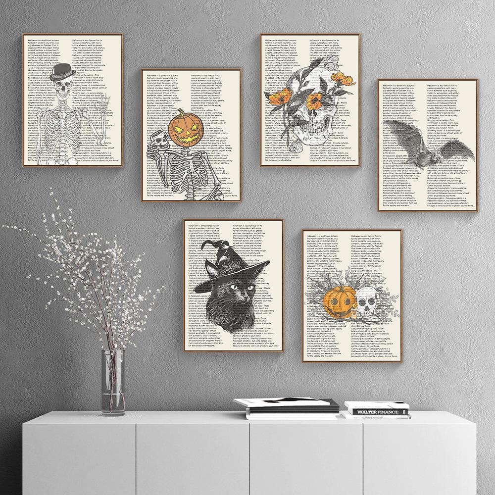 Pittura su Tela Zucca di Halloween Testa Strega Scheletro Pipistrello Quotidiano Inglese Pittura Decorativa Nordica per Soggiorno Casa