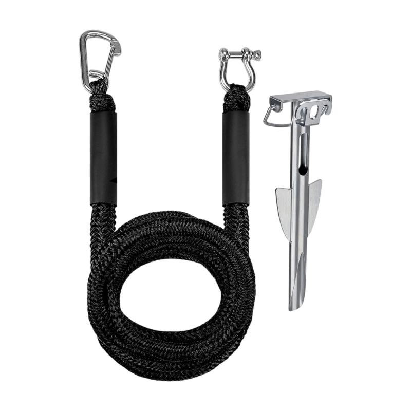 Shore-Side Mooring Rope for Small Boat Stops, Elastic Dock Line Set with Beach Stake and Quick Clip Connection