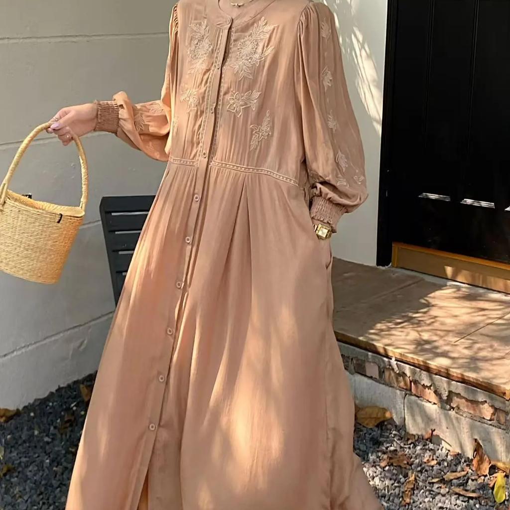 Spring Autumn Dress Women Floral Embroidery Fashion Ruffle Pleated Ladies Dresses Long Sleeve Loose Woman Dress