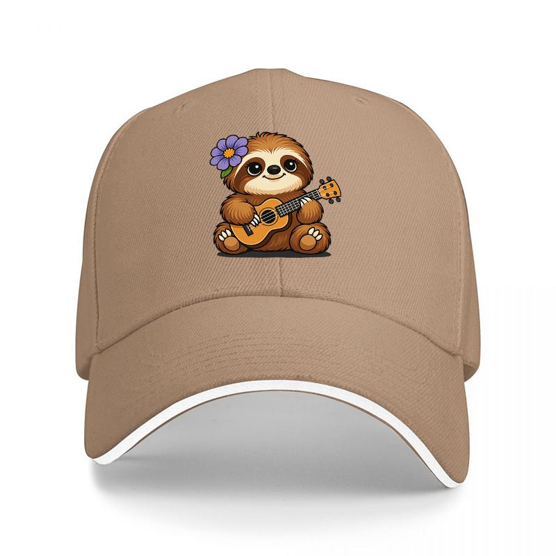 Faultier spielt Ukulele Baseballkappe mit Blumenmuster Schwarz Verstellbare Mütze für Musikliebhaber und Naturliebhaber