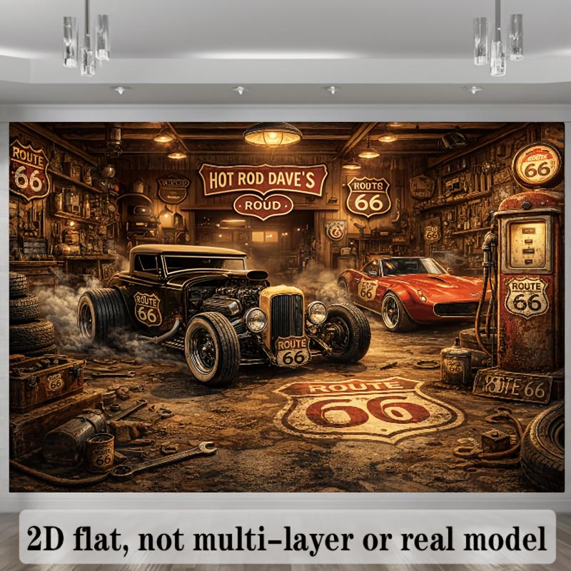 2D Flat Banner - Industrial Style - 66th Highway Background Fabric - Retro Garage Theme