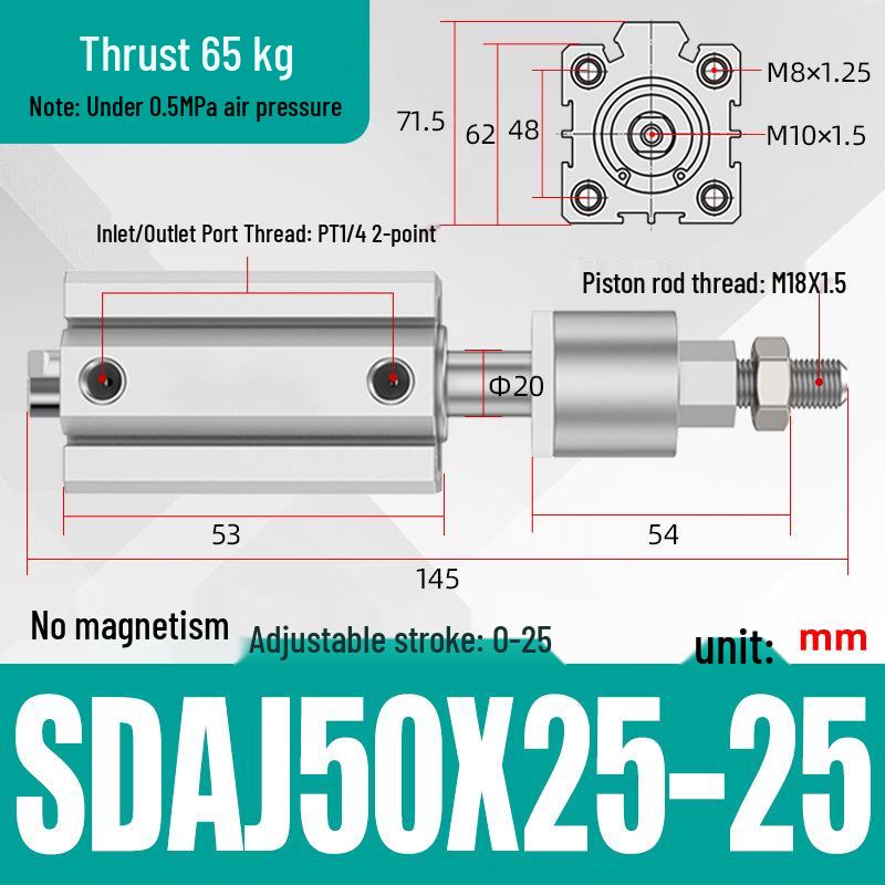 Adjustable Stroke Pneumatic Thin Cylinder - Piston Rod Sizes: 16/20/25/32/40/63
