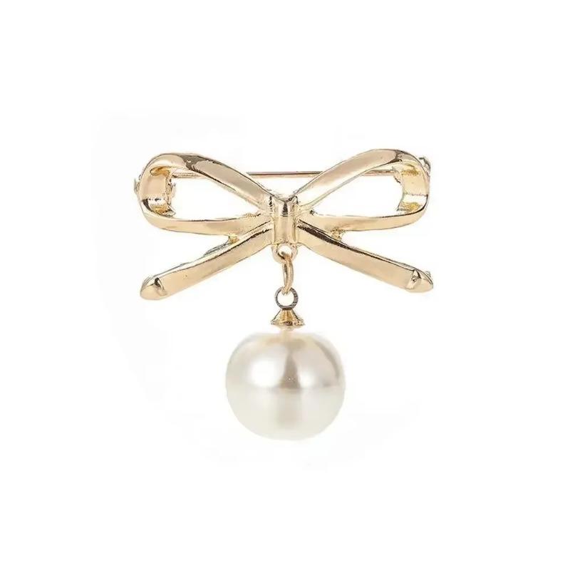 Elegant Simple Bow Brooches Women Bowknot Pin Pearl Pendant Safety Lapel Pins Wedding Jewelry Body Accessories Creative Brooche