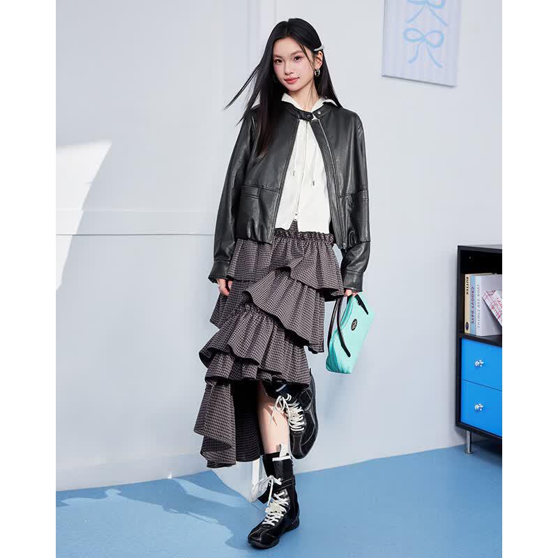 IEFIEF 2026 New Autumn Shiny Faux Leather Jacket
