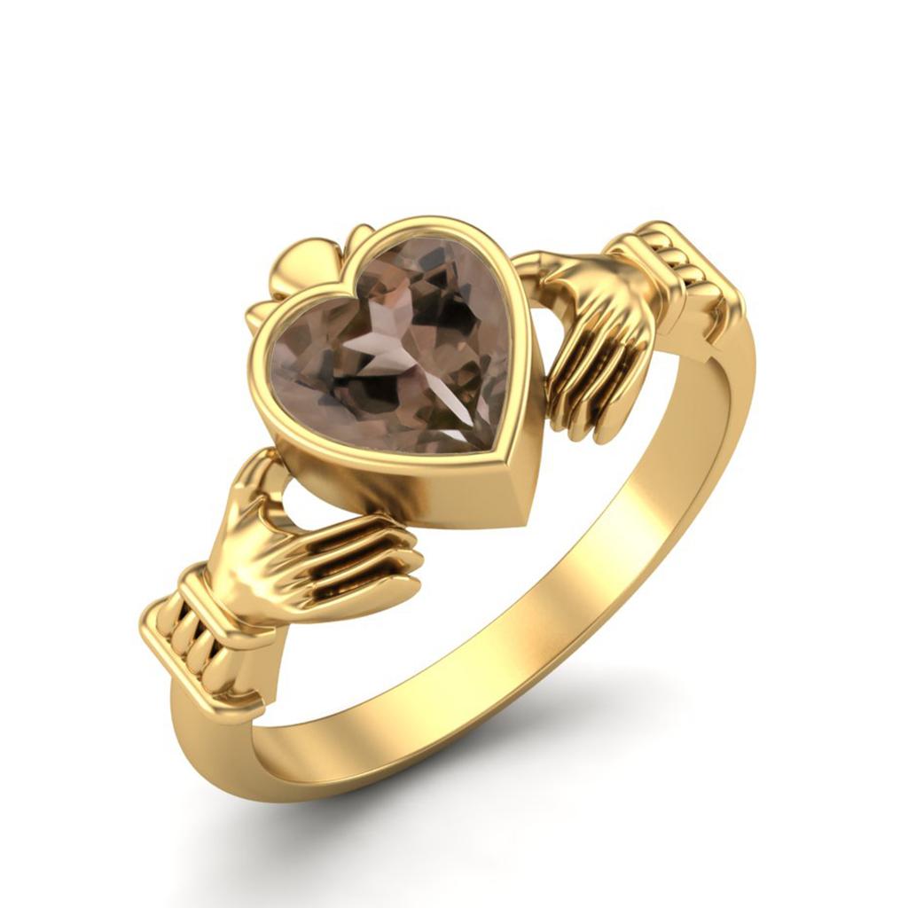 Irish Claddagh 6mm Heart Smoky Quartz 925 Sterling Silver Gold Vermeil Solitaire Women Promise Ring