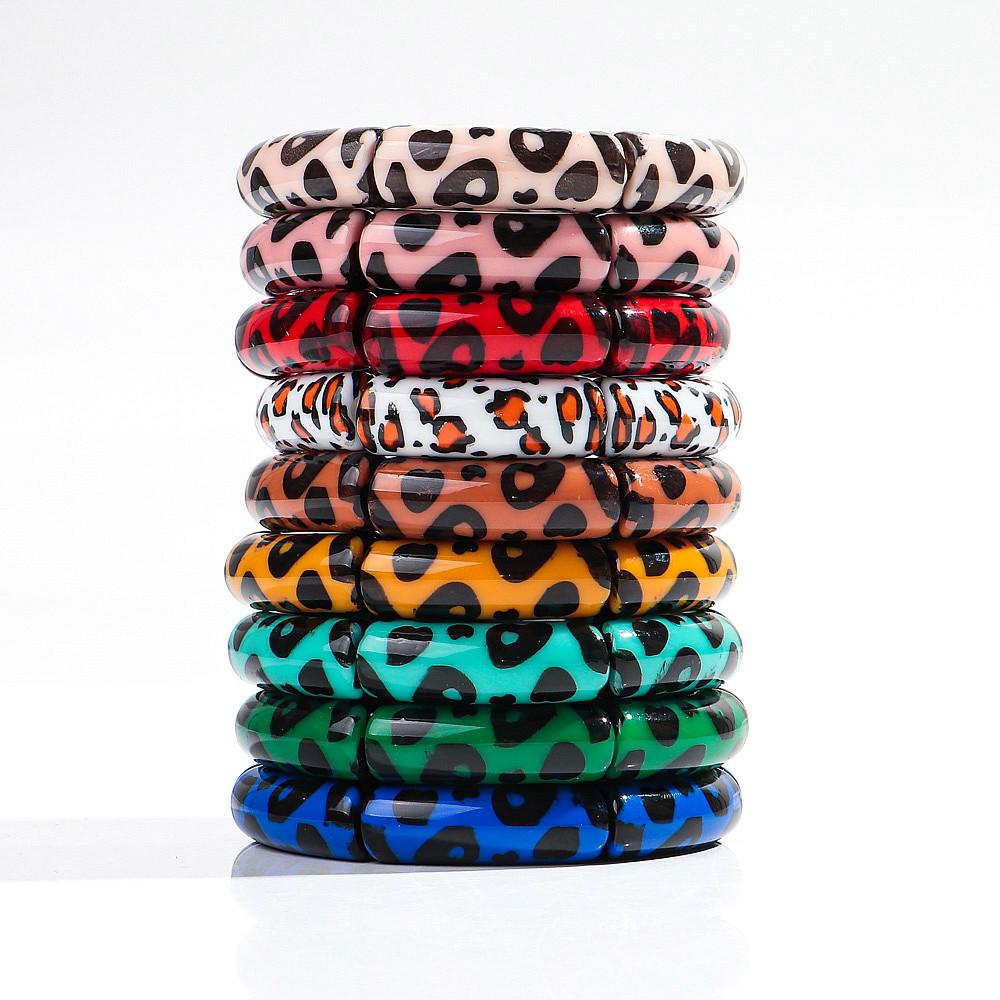 Colorful Leopard Bamboo Tube Acrylic Bracelets for Women Men Vintage Elastic Chunky Curved Resin Bangle Stackable Jewelry Gifts
