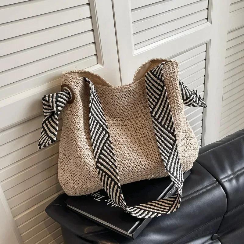 Pevná Slaměná Velkokapacitní Slaměná Dámská Taška přes Rameno Model Seaside Holiday Pletené Tašky Ležérní Všestranná Crossbody Taška