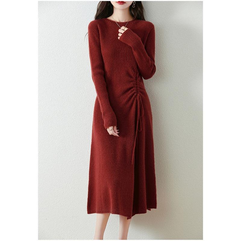 Autumn and winter new drawstring slim and thin medium and long sweater skirt femininity inner backing knitted dress