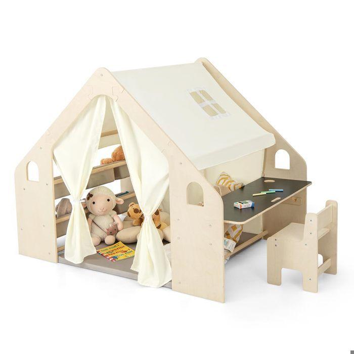 Maison de jeu en bois 6 en 1 - GINGER HOME - Tente, Table, Chaise, Tableau noir - Montessori - Dès 2 ans
