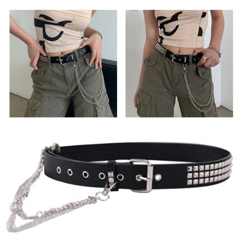Pin Buckle Waist Belt for Dress Western Style Belt with Alloy Rivet & Dangle Chain Wide Waist Belt Ladies Skirt Belt