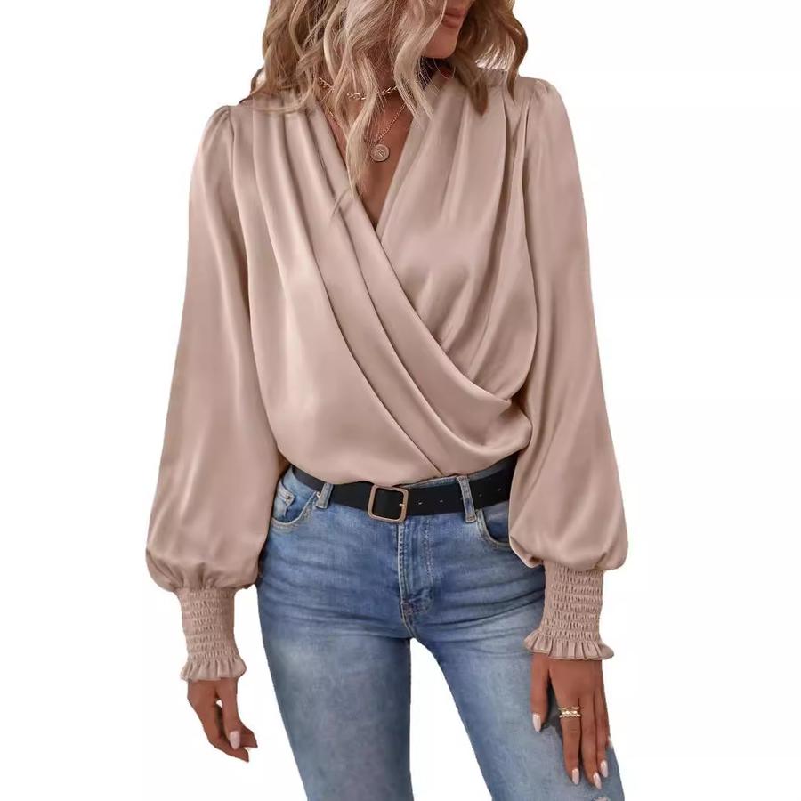 Women's Elegant Shirt V-Neck Lantern Sleeve Formal Business Casual Pure Color Blouse for Women
