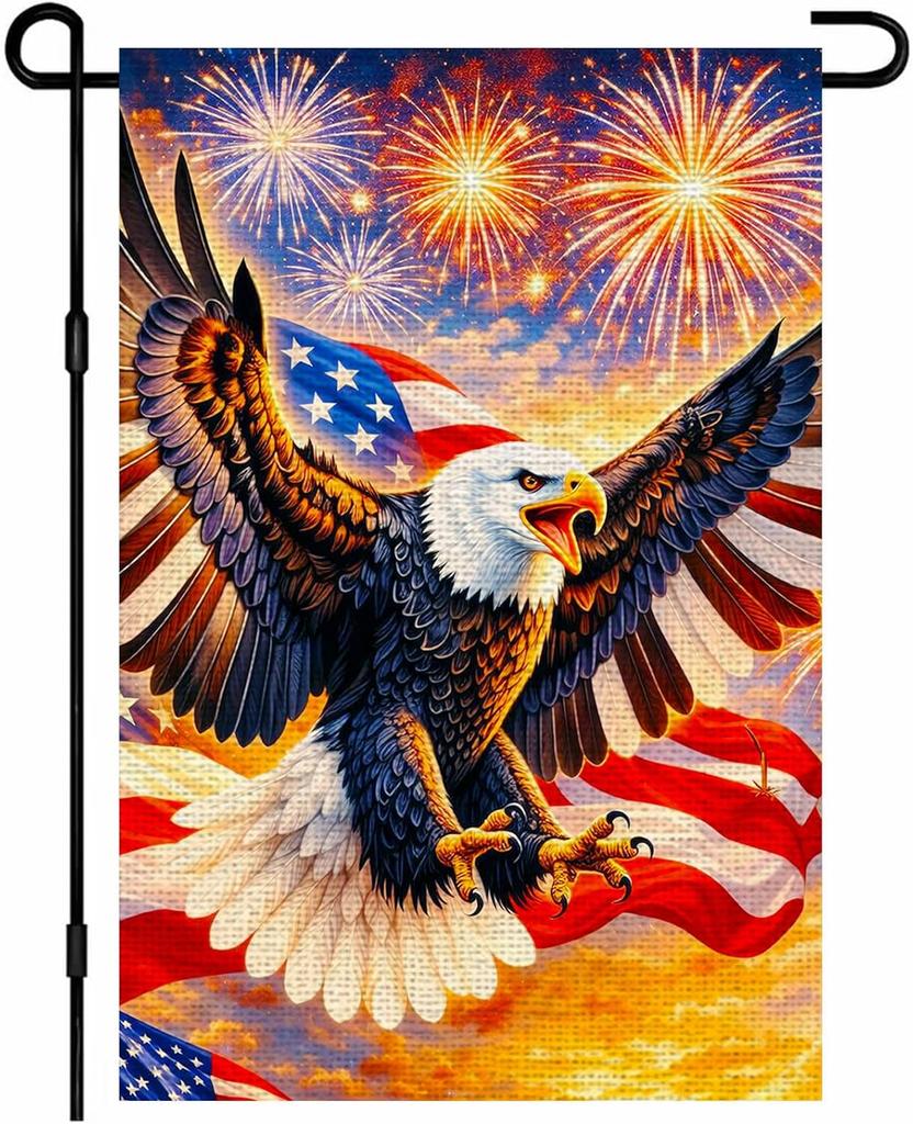 4th of July Day Garden ag 12x18 Inch Double Sided Burlap Patriotic Eagle Stars Stripes Sky Burst Design Small Outdoor Yard PPZ