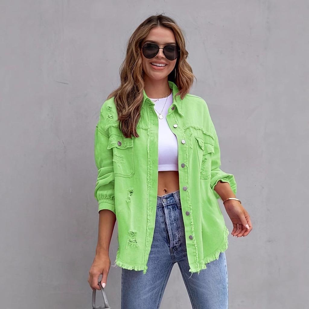 Denim Jacket Women's Solid Color Loose Jacket Ripped Fashion Long Sleeve Women's Denim Shirt