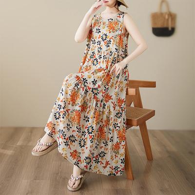 DIMANAF Plus Size Dress Summer Women Vintage Linen Elegant Style Sleeveless Floral Loose New Long Dress 8023