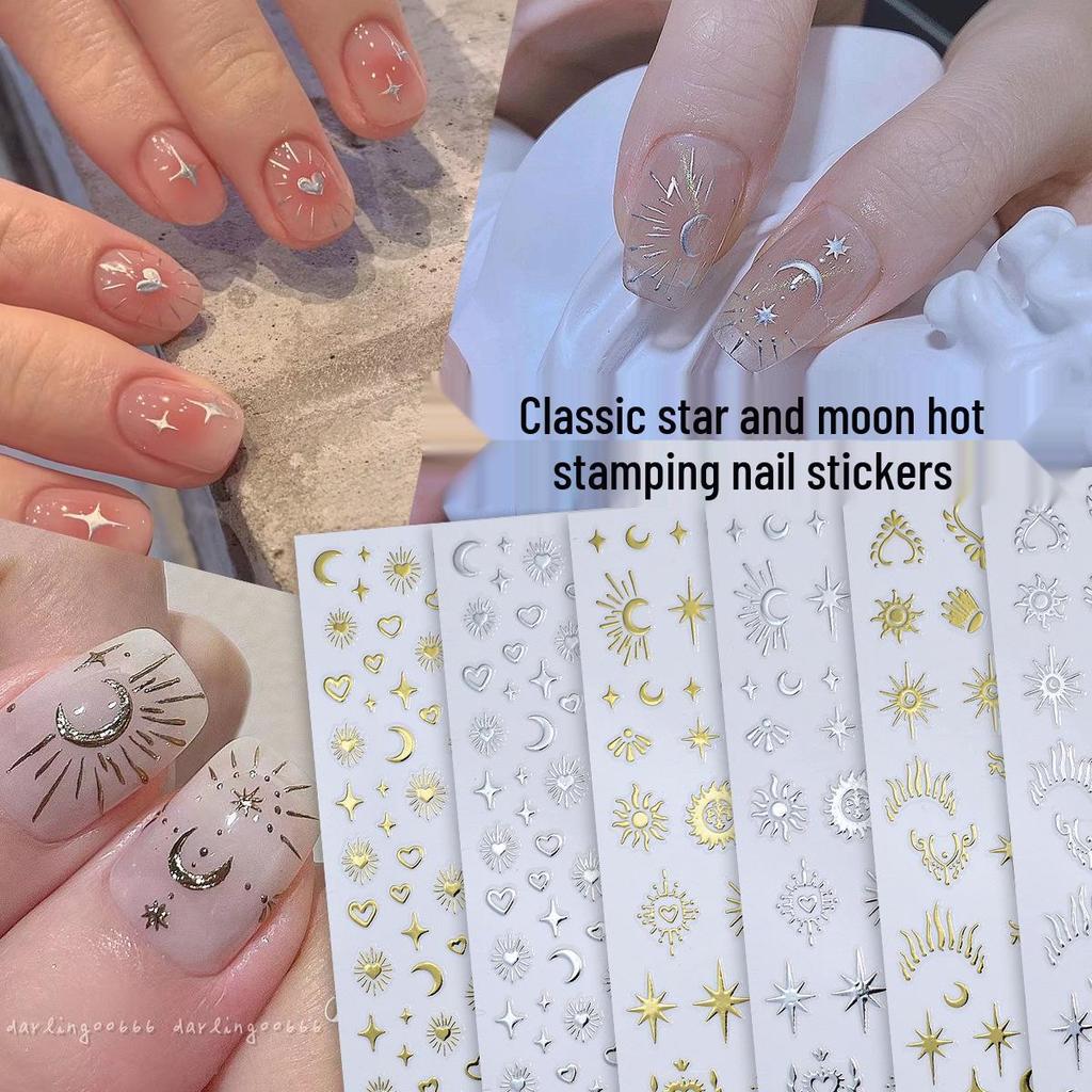 Metallic Star & Moon Nail Art Stickers (Gold & Silver) - Hollow Heart, Moon, Four-Pointed Star Design