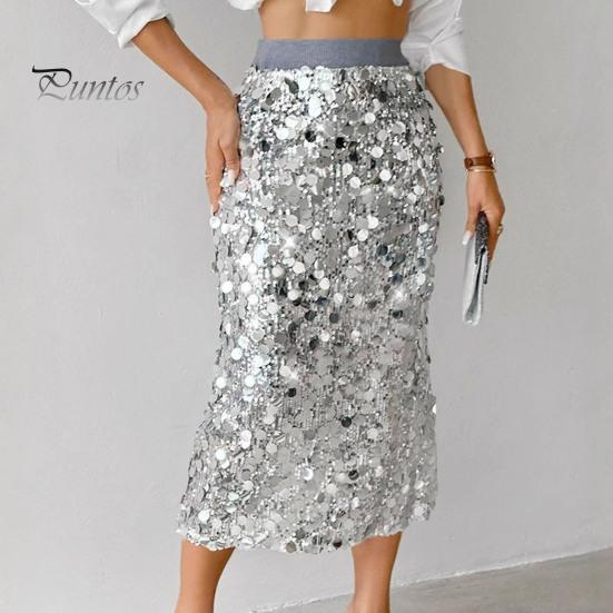 High-waisted Skirt Women High Waist Sexy Hip-Hugging Sequin Glitter Solid Midi Color Mid-calf Length Hip Wrapped Slimming Design Wedding Clubwear
