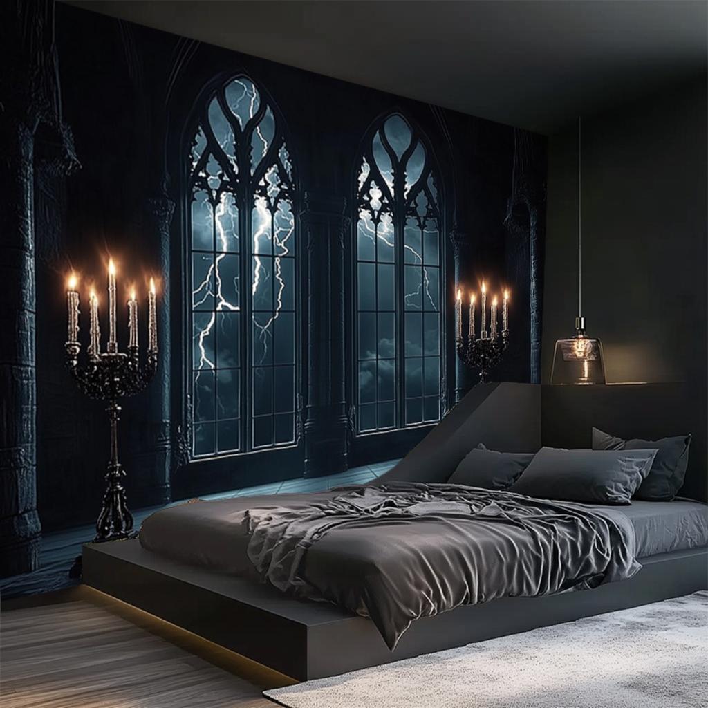 One Gothic castle wall mural with lightning effect - Dark style window arches and candlestick decorationszyc