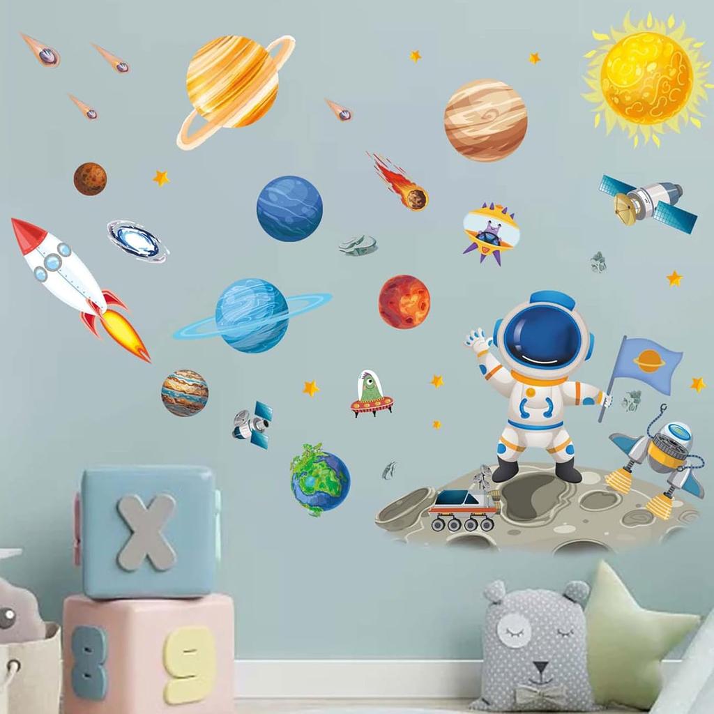 Space Planets Wall Decals - Astronaut Rocket Stickers - Kids Room Nursery Decor