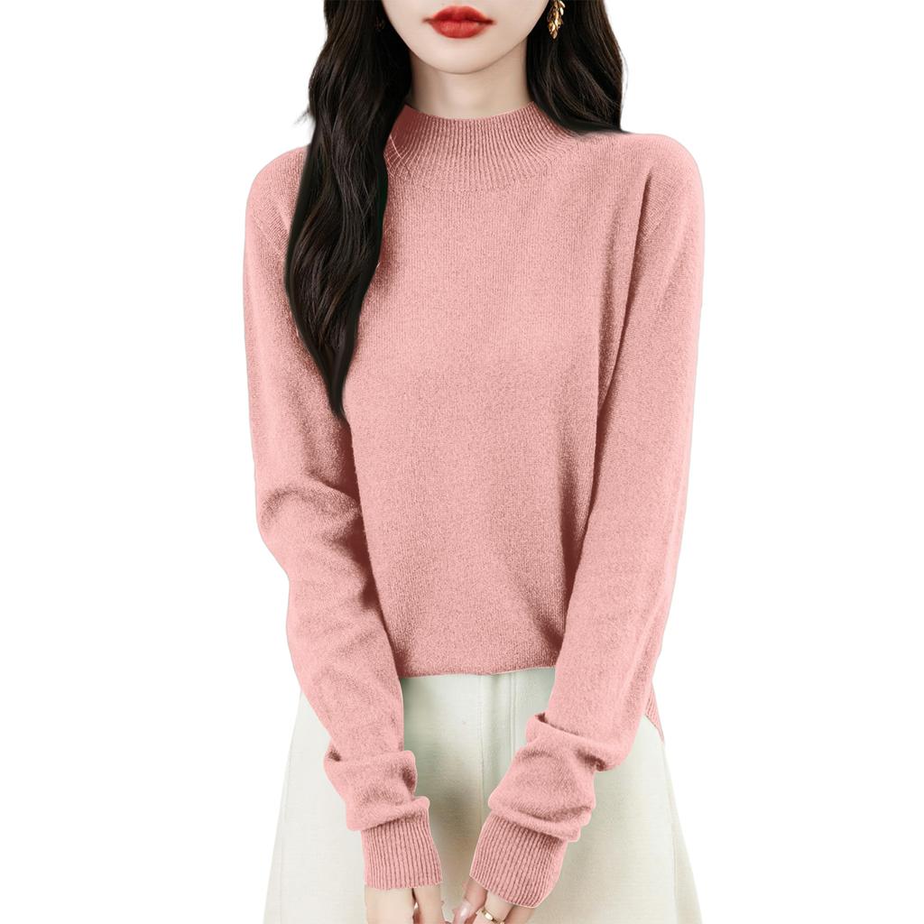 Women's Fashion Flat-Knit Half-Turtleneck Pullover Sweater Solid Color Long-Sleeve Top