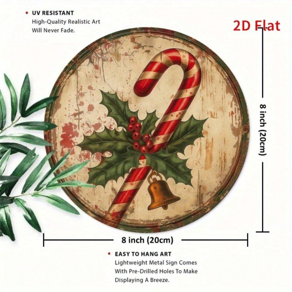 Vintage Candy Cane Metal Wall Art Rustic Holiday Decor with Holly Berries Golden Bells Home Garden Decor