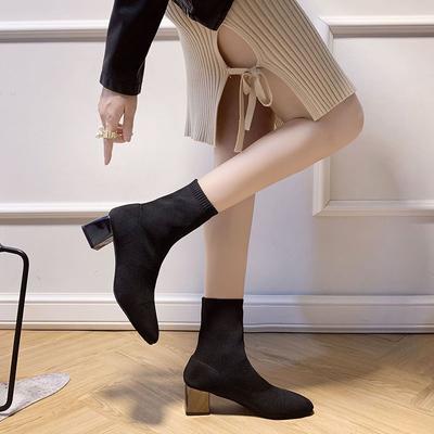 Socks and Boots Versatile Thick Heel Ins Internet Celebrity Thin Boots Elastic Knitted Short Boots Women's Spring and Autumn Single Boots Square He