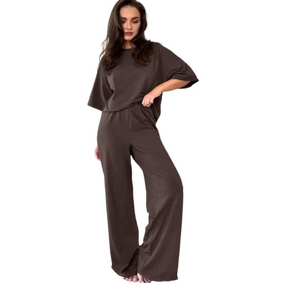 Damskie Zestawy 2-częściowe Casualowy Pulower z Krótkim Rękawem Luźna Góra i Spodnie z Szerokimi Nogawkami Zestaw Letni Dres Lounge