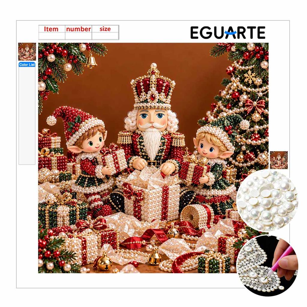 Framed Pearl Art DIY Kit with Christmas Nutcracker and Elf Pattern 3D Sparkling Bead Canvas Painting Handmade Holiday Gift for Home Decoration