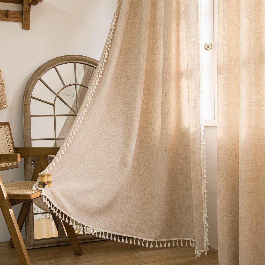 Boho Cotton Linen Curtains, Semi Sheer Natural Fabrics Curtains Tassel Rod Pocket, Farmhouse Curtains for Living Room Bedroom