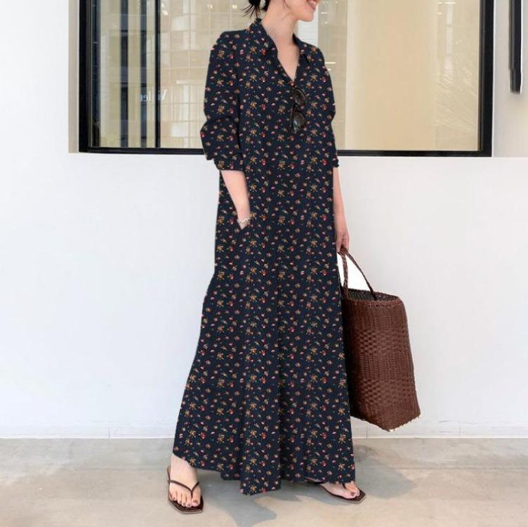 Loose Casual Floral Print Dress Long Shirt Dress with Turn Down Collar Long Sleeve Women Button S темно-синий