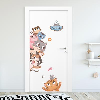 Cartoon Cat Smiling Face Peeking At Animal Door Stickers Removable for Bedroom Living Room Nursery Decoration Cute Wall Decal