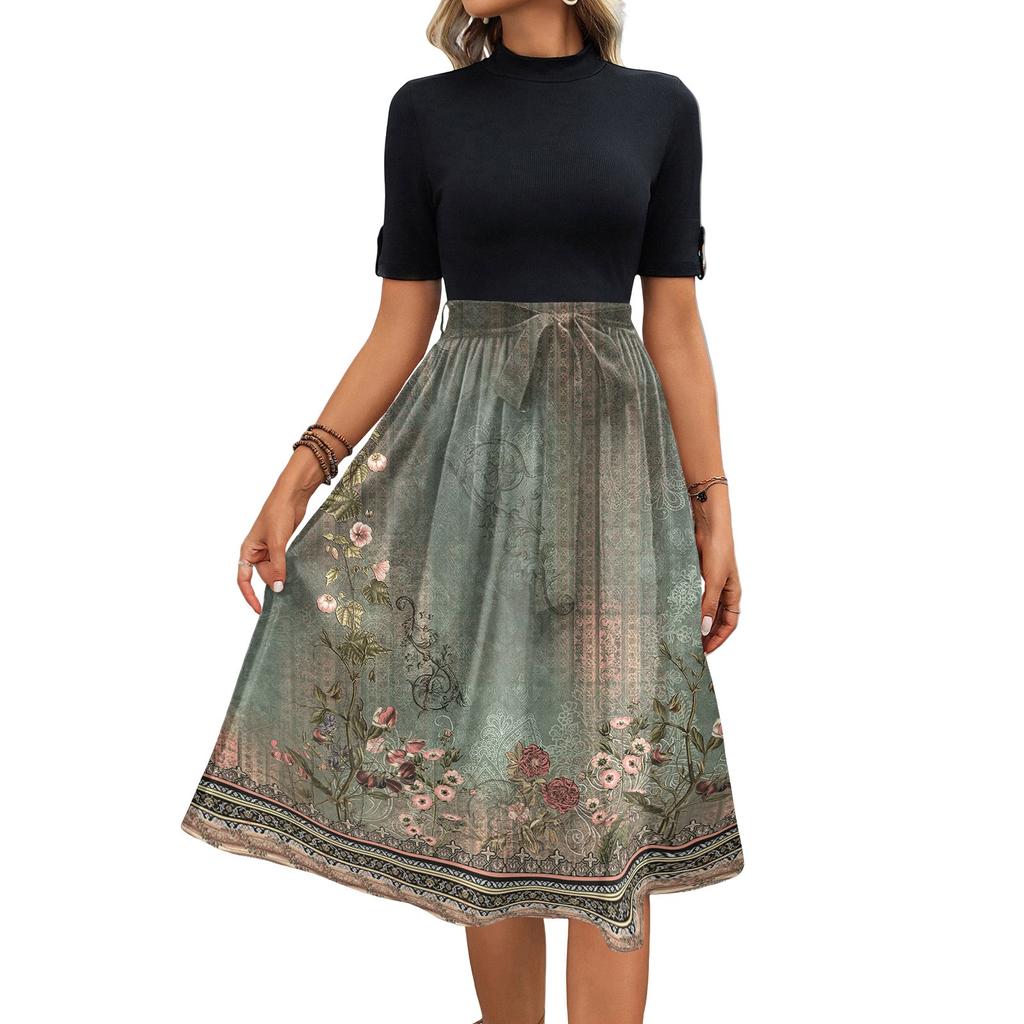 Women's Fashion Casual Belt Short Sleeve Round Neck Floral Elegant Temperament Dress