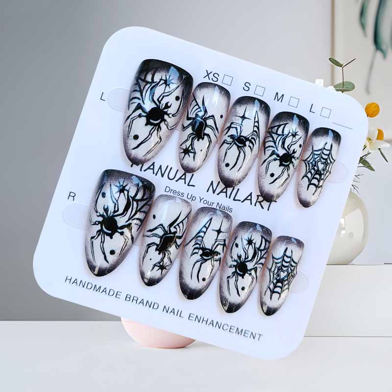 10 Pcs Halloween Short Almond Press On Nails Black White Ghost Spider Clown Design False Nail Art Tips