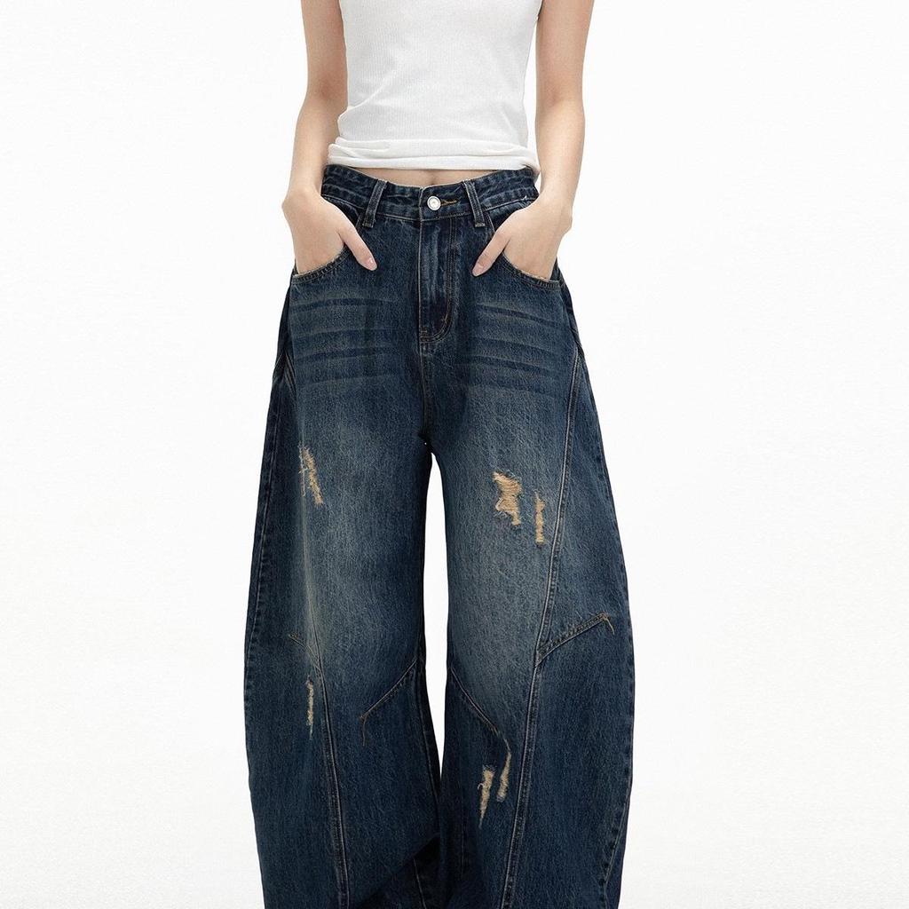 2025 American Retro Women’s Wide-Leg Ripped Jeans - Trendy Loose Mop-Style Trousers