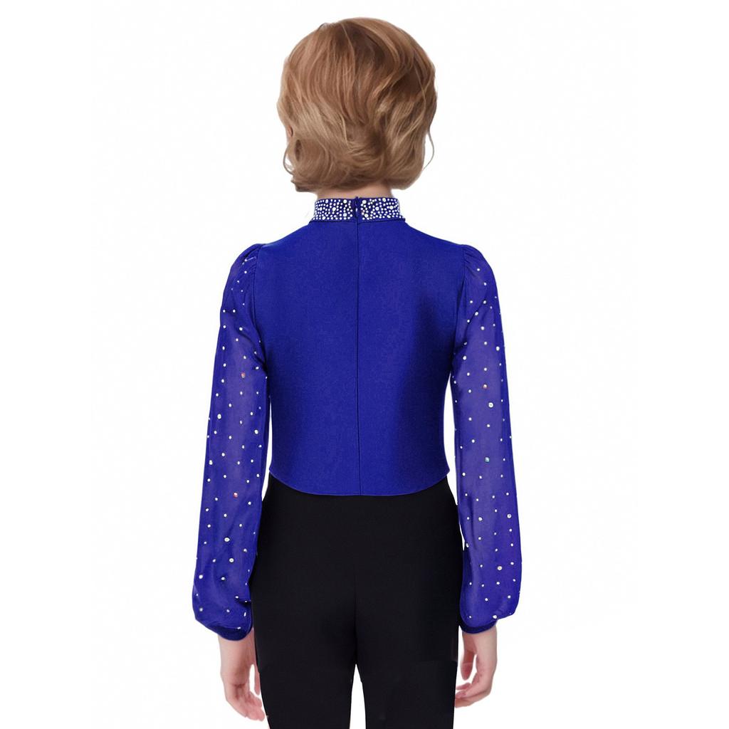 Body cu mâneci lungi și gât înalt, împodobit cu strasuri, cu capse la crotch și fermoar la spate, pentru patinaj artistic