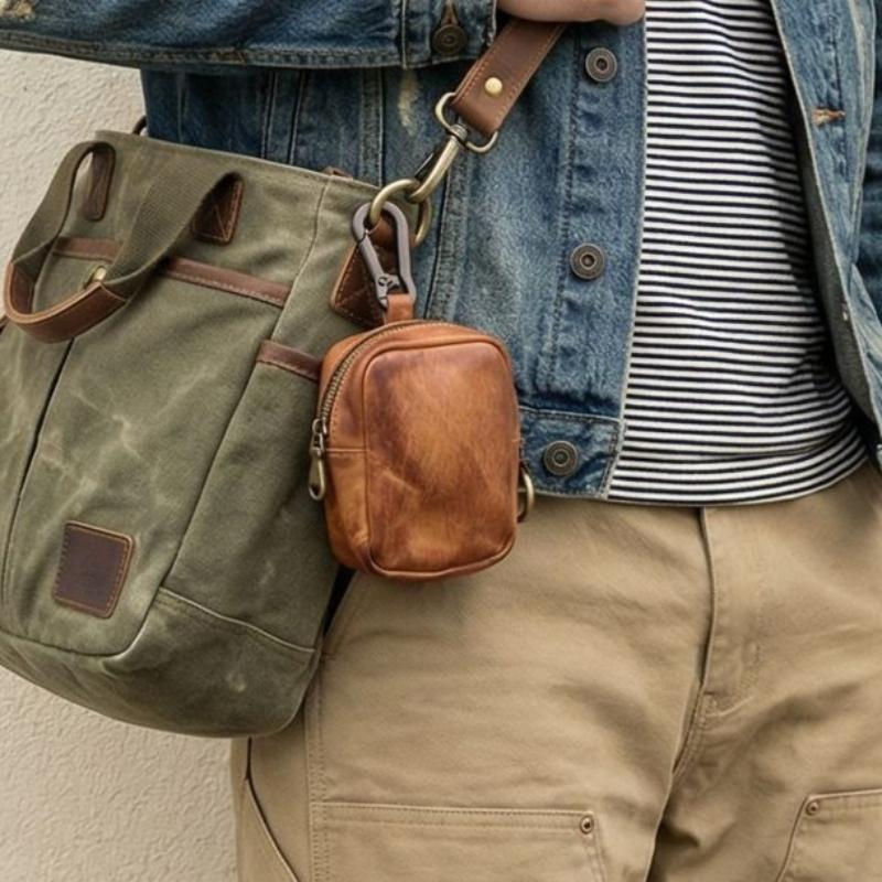 Men's Coin Purse, Genuine Leather Mini Coin Wallet Zipper Pocket with Back Belt Loop, Lightweight  Keychain Pouch for Men