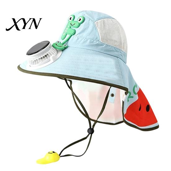 Summer Hat With Built-in Fan Kids Sun Cap with Solar Fan, Wide Brim Protection Cooling Children Neck Cover Hat, Breathable Mesh Fabric Cartoon