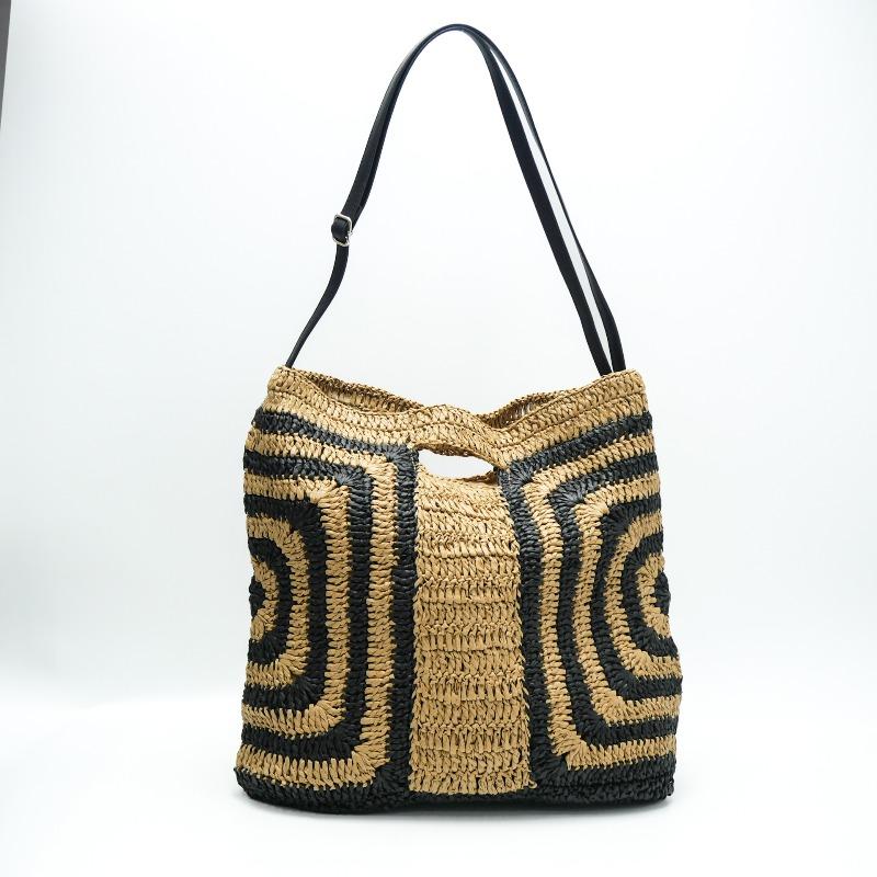 New striped large-capacity straw bag casual black edge shoulder hand-woven bag seaside vacation beach bag