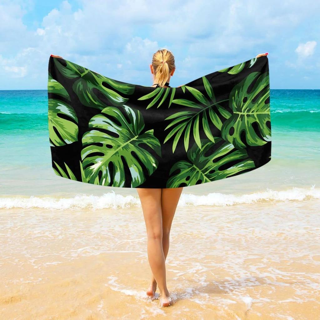Artistic Green Palm Leaves Beach Towel, Black Tropical Pattern Quick Dry Absorbent, Lightweight Sand Free Travel Pool Essentials