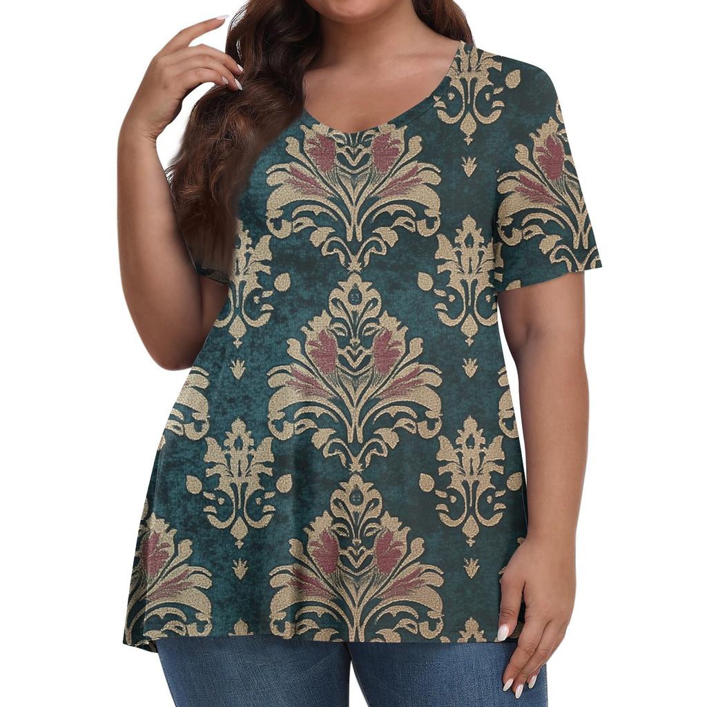 Women's Fashion Casual V-Neck Pullover Short Sleeve Large Size Vintage Printed Top