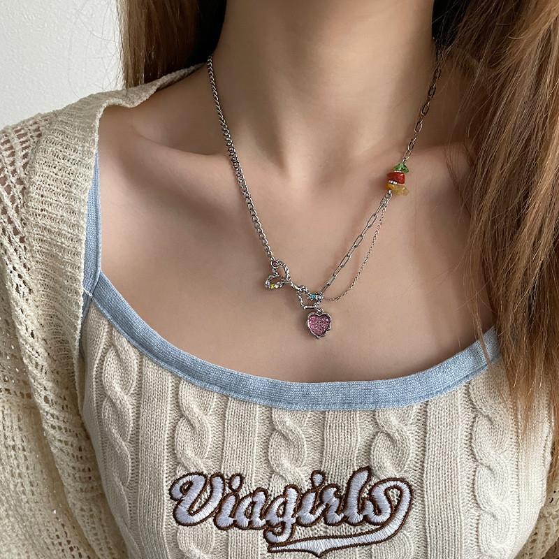 iF ME Sweet Pink Heart Necklace Colorful Stone Zircon Silver Chain Choker for Women Jewelry Accessories