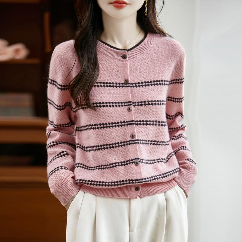 Women's Color Block Pure Wool Knit Cardigan - Round Neck, Loose Fit, Warm Striped Sweater for Autumn and Winter