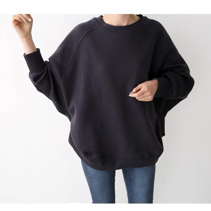 Japanese Korean Lazy Style Commute Design Autumn Hoodie Women Slit Round Neck Long Sleeve Base Layer