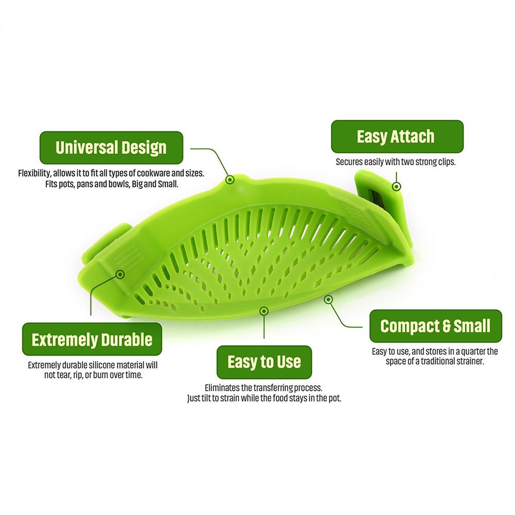 Clip-on Green Silicone Pasta Snap Strainer Dishwasher Safe Colander Universal Size Fit Most Pans Suitable for Draining Pasta Vegetables Potatoes etc