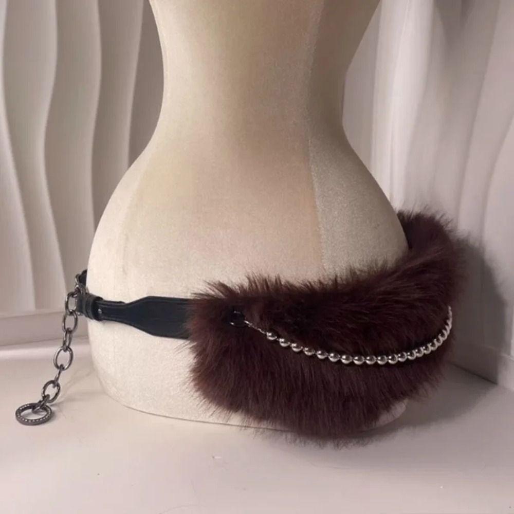 

Y2K Faux Fur Belts Women Fashion Furry Fur Cowgirl Waistband Metal Bead Chain Belts for Club Party For 75-95cm Waist червоний