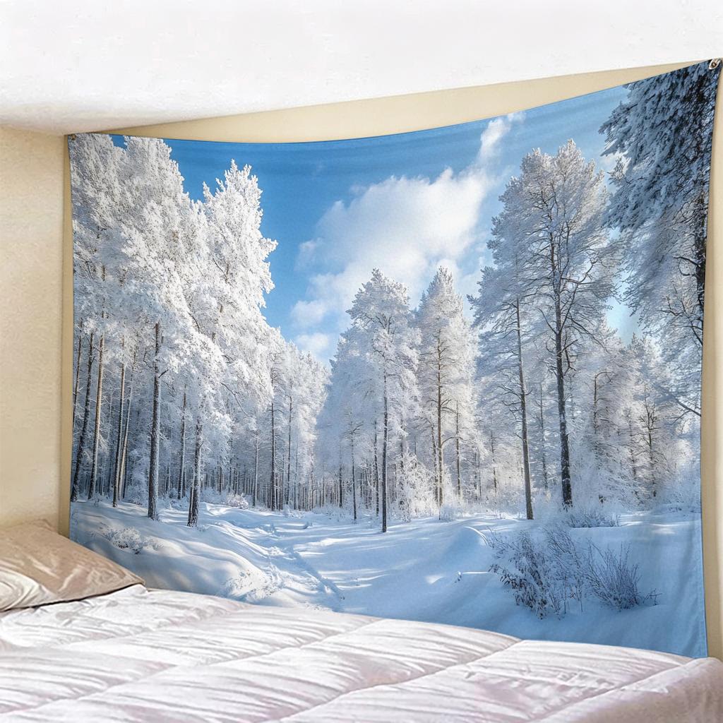 Blue Winter Forest Christmas Tapestry, Snow-Covered Pine Trees Wall Hanging, Aesthetic Holiday Backdrop for Bedroom Decor