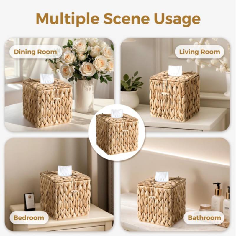 Rattan Tissue Box Holder With Lid For Living Room And Bathroom Decor