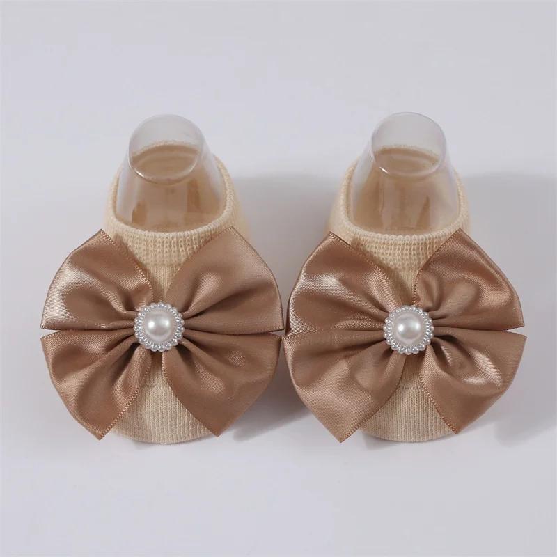 Baby Pearl Bow Solid Color Floor Socks Newborn Infant Knitted Breathable Socks Sweet Cute Girls Princess Children Birthday Gifts